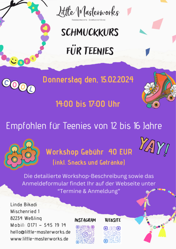 Schmuck-Kurs für Teenies am 15.02.2024 von 14 bis 17 Uhr (in den Faschingsferien)