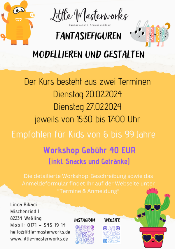 Fantasiefiguren modellieren und gestalten am Dienstag den 20.02.24 + 27.02.24                                                jeweils von 15:30 bis 17:00