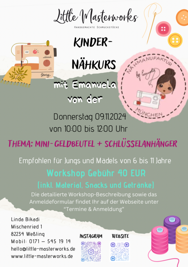 Nähkurs für Kinder – Mini-Geldbeutel und Schlüsselanhänger am Samstag den 09.11.2024 – von 6 bis 11 Jahre – von 10:00 bis 12:00 Uhr