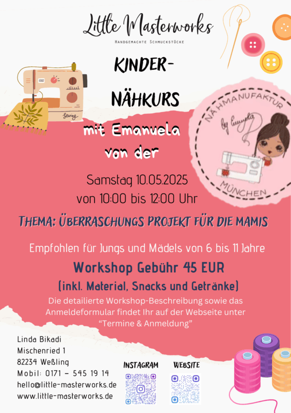 Nähkurs für Kinder – am Samstag den 10.05.2024 – von 6 bis 11 Jahre – von 10:00 bis 12:00 (Muttertags-Special)