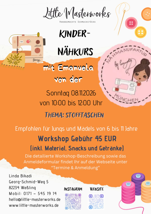 Nähkurs für Kinder – Stofftasche nähen für Kids von 6 bis 11 Jahre – am Sonntag den 08.11.2026 von 10:00 bis 12:00 Uhr